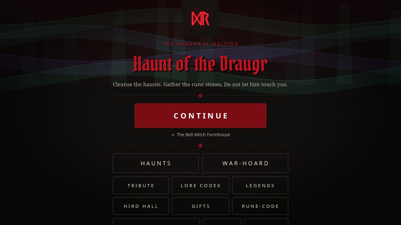 Haunt of the Draugr title screen with the menu of haunts and features